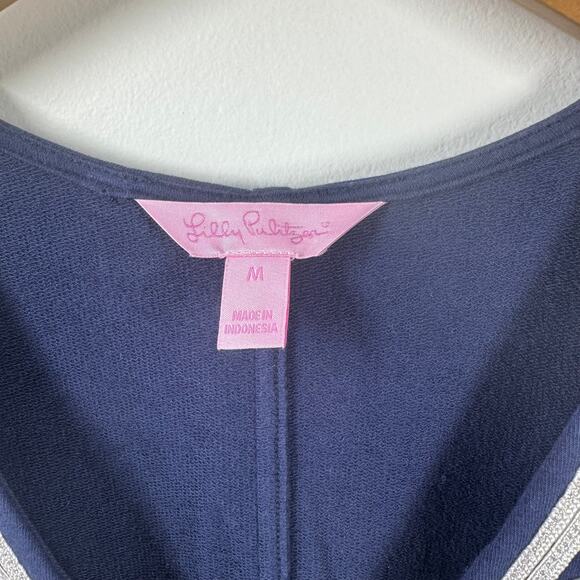 Lilly Pulitzer Dress Women M Blue White Gold Embroidering Shift Modest Preppy - Picture 5 of 8